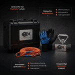 USP-afbeelding van Cube magneetvisset met neodymium kubusmagneet, 8 mm gevlochten touw, waterdichte handschoenen en harde beschermkoffer.