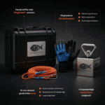 USP-afbeelding van Mega Cube magneetvisset met neodymium kubusmagneet, gevlochten touw, waterdichte handschoenen en harde beschermkoffer.
