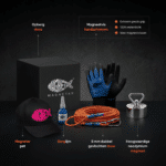 USP-afbeelding van complete vrouwen vismagneet set met neodymium magneet, dubbelgevlochten touw, waterdichte handschoenen, borglijm, pet en opbergdoos.