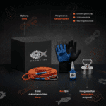 USP-afbeelding van complete kinder vismagneet set met neodymium easy magneet, 6 mm dubbelgevlochten touw, waterdichte handschoenen, borglijm en opbergdoos.
