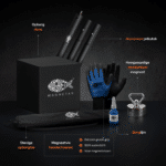USP-afbeelding van complete vismagneet set met neodymium magneet, aluminium prikstok, waterdichte handschoenen, borglijm, opbergtas en opbergdoos.