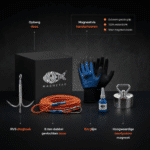 USP-afbeelding van complete Expert vismagneet set met neodymium magneet, RVS dreghaak, 8 mm dubbelgevlochten touw, waterdichte handschoenen en borglijm voor magneetvissen