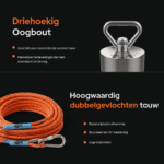 USP-afbeelding van easy vismagneet met driehoekige oogbout en dubbelgevlochten touw, UV-bestendig, slijtvast en geschikt voor intensief magneetvissen.