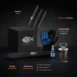USP-afbeelding van complete prikstok magneetvisset met neodymium vismagneet, aluminium prikstok, waterdichte handschoenen en opbergtas voor magneetvissen