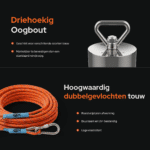 USP-afbeelding van Terror vismagneet met driehoekige oogbout en dubbelgevlochten touw, roestvrijstalen afwerking, UV-bestendig en geschikt voor magneetvissen
