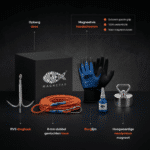 USP-afbeelding van complete pro vismagneet set met neodymium magneet, RVS dreghaak, dubbel gevlochten touw, waterdichte handschoenen, borglijm en opbergdoos.