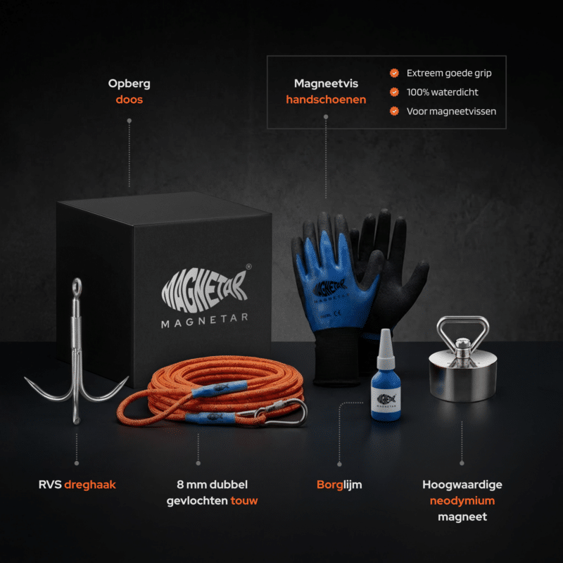 USP-afbeelding van complete pro vismagneet set met neodymium magneet, RVS dreghaak, dubbel gevlochten touw, waterdichte handschoenen, borglijm en opbergdoos.