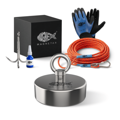 Productfoto complete Classic 400 magneetvis set met vismagneet, touw, handschoenen, dreg, borglijm en opbergdoos