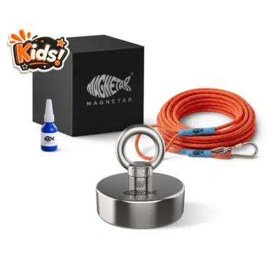 Productfoto van magneetvisset voor kinderen met Classic vismagneet, oranje touw, borglijm en opbergdoos