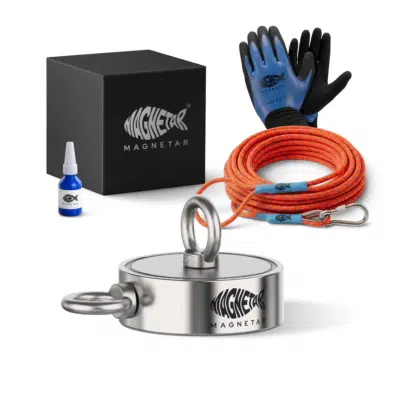 Productfoto van vismagneet set met dubbelzijdige magneet, touw, handschoenen, karabiner en schroefborgmiddel