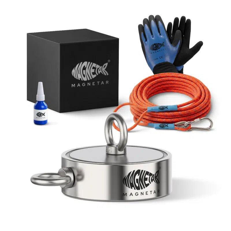 2 Productfoto van complete vismagneet set met dubbelzijdige magneet, touw, handschoenen, karabiner en borglijm