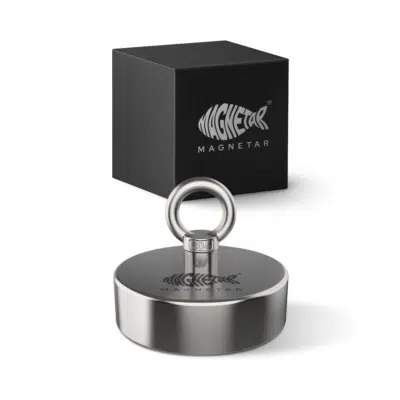 Productfoto Classic 400 vismagneet met stevige metalen behuizing, oogbout en zwarte verpakking
