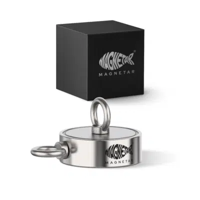 Productfoto van dubbelzijdige neodymium vismagneet met twee montageogen en zwarte opbergdoos voor magneetvissen