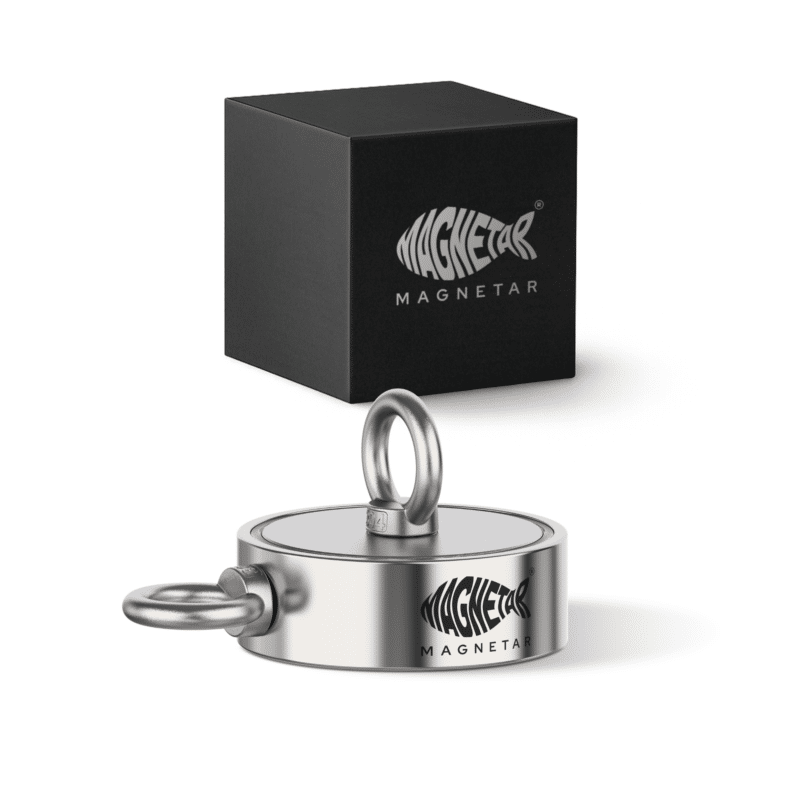 3 Productfoto van dubbelzijdige neodymium vismagneet met twee montageogen en zwarte opbergdoos voor magneetvissen