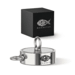 Productfoto van dubbelzijdige neodymium vismagneet met twee montageogen en zwarte opbergdoos voor magneetvissen