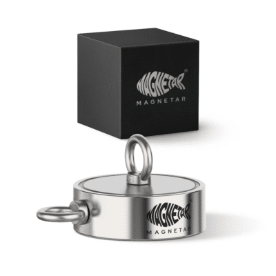 Productfoto van dubbelzijdige neodymium vismagneet met twee montageogen en zwarte opbergdoos voor magneetvissen