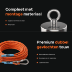USP foto vismagneet met RVS oogbout en premium dubbel gevlochten touw, UV-bestendig en geschikt voor magneetvissen